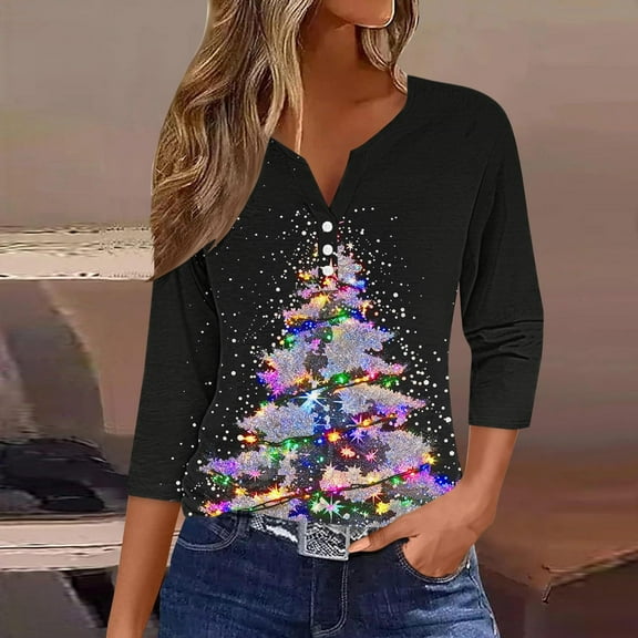 Cadancy Christmas Shirts for Women 2025 3/4 Sleeve Pullover Button V Neck Tops Party Fashion Holiday T-Shirt Casual Sparkly Xmas Print Funny Blouses