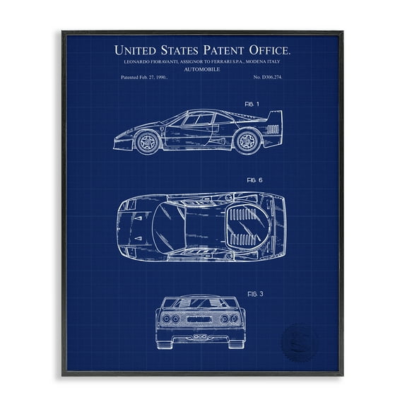 Stupell Industries Automobile Car Blueprint Transportation Painting Black Framed Art Print Wall Art, 11 x 14