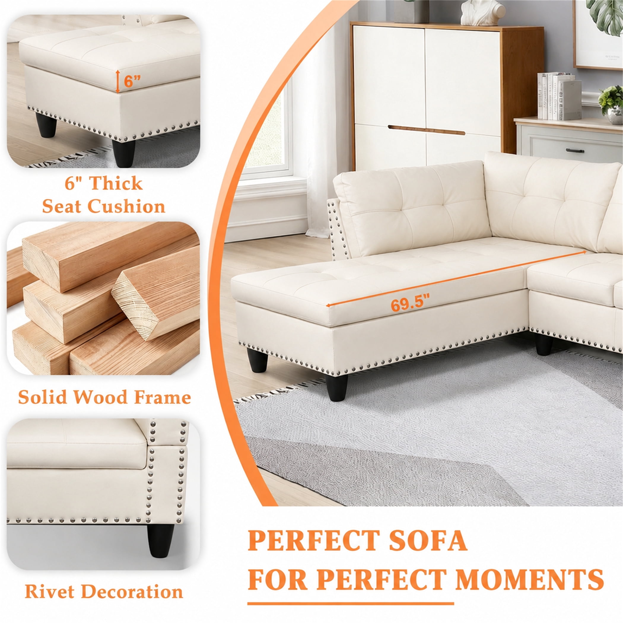 Aukfa 98" L Shaped Sectional Couch with Cup Holder Console, Tufted Back&Nailhead Trim, Oversized Left Chaise Leather Sofa for Living Room, White