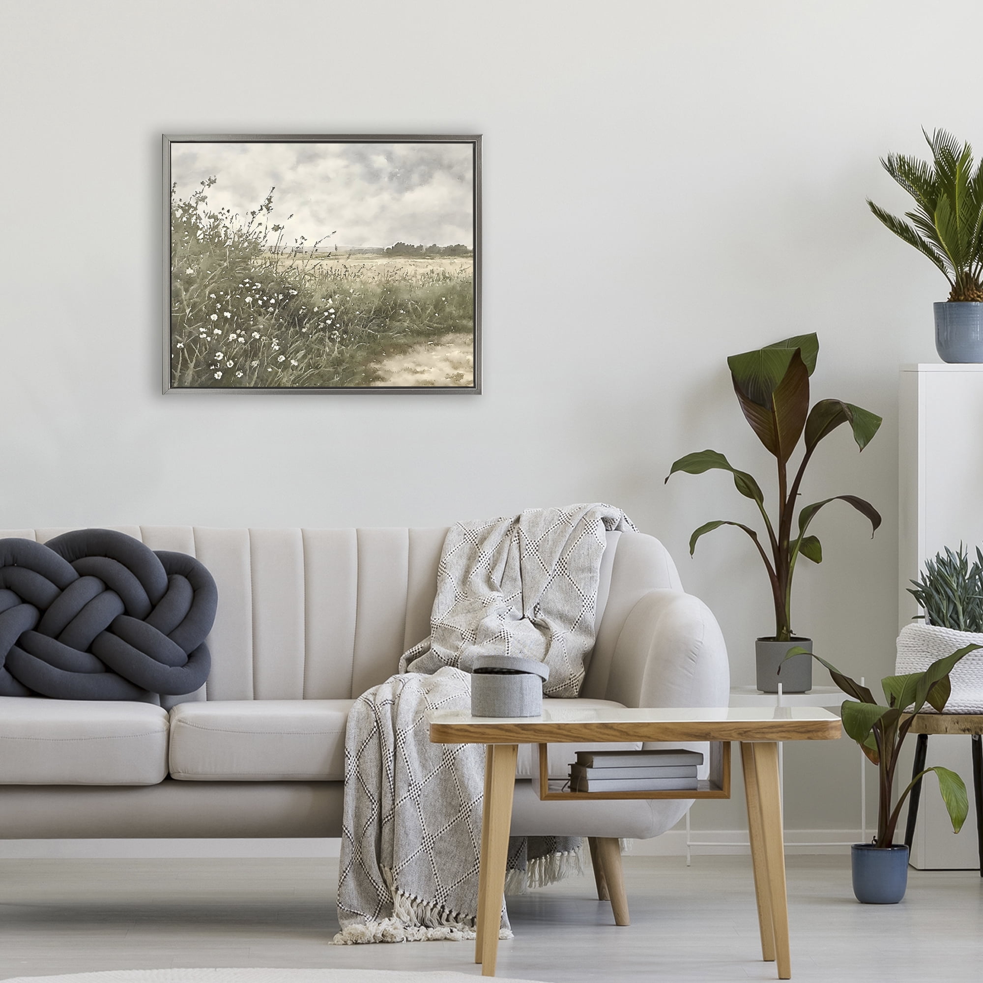 Stupell Industries Soft Meadow Landscape at Dusk Gray Framed Floater Canvas Wall Art, design by Riley B