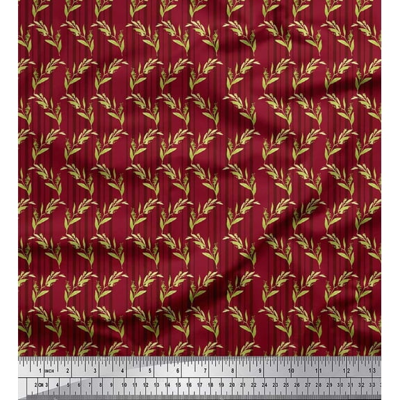 Soimoi Red Cotton Duck Fabric Stripe & Leaves Printed Craft Fabric by the Yard 44 Inch Wide