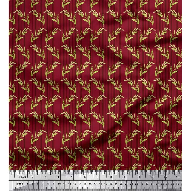 Soimoi Tissu en Poly Georgette Rouge à Rayures et Feuilles, Vendu au Mètre, Largeur 52 Pouces