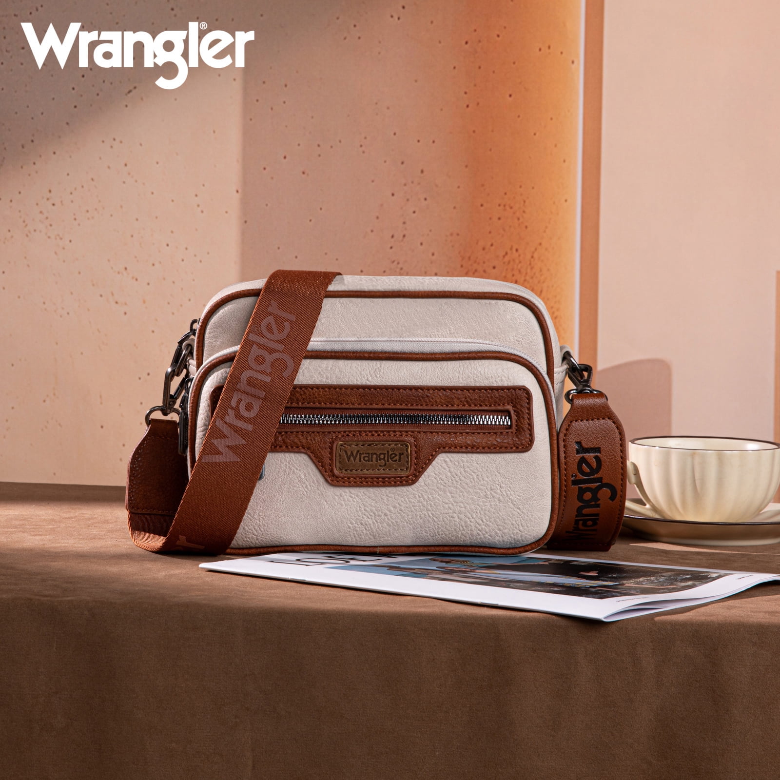 Wrangler Crossbody Bag for Women Multi Pocket Crossover Bag Shoulder Pursea with Adjustable Strap, Beige & Brown