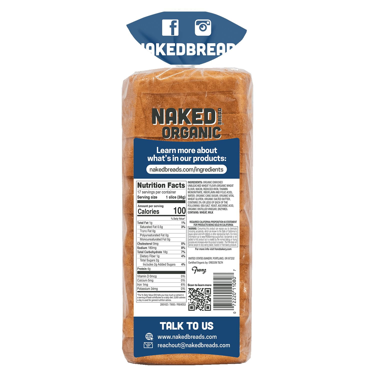 Naked Bread Sliced Organic Bare White Sandwich Loaf, 22.5 oz