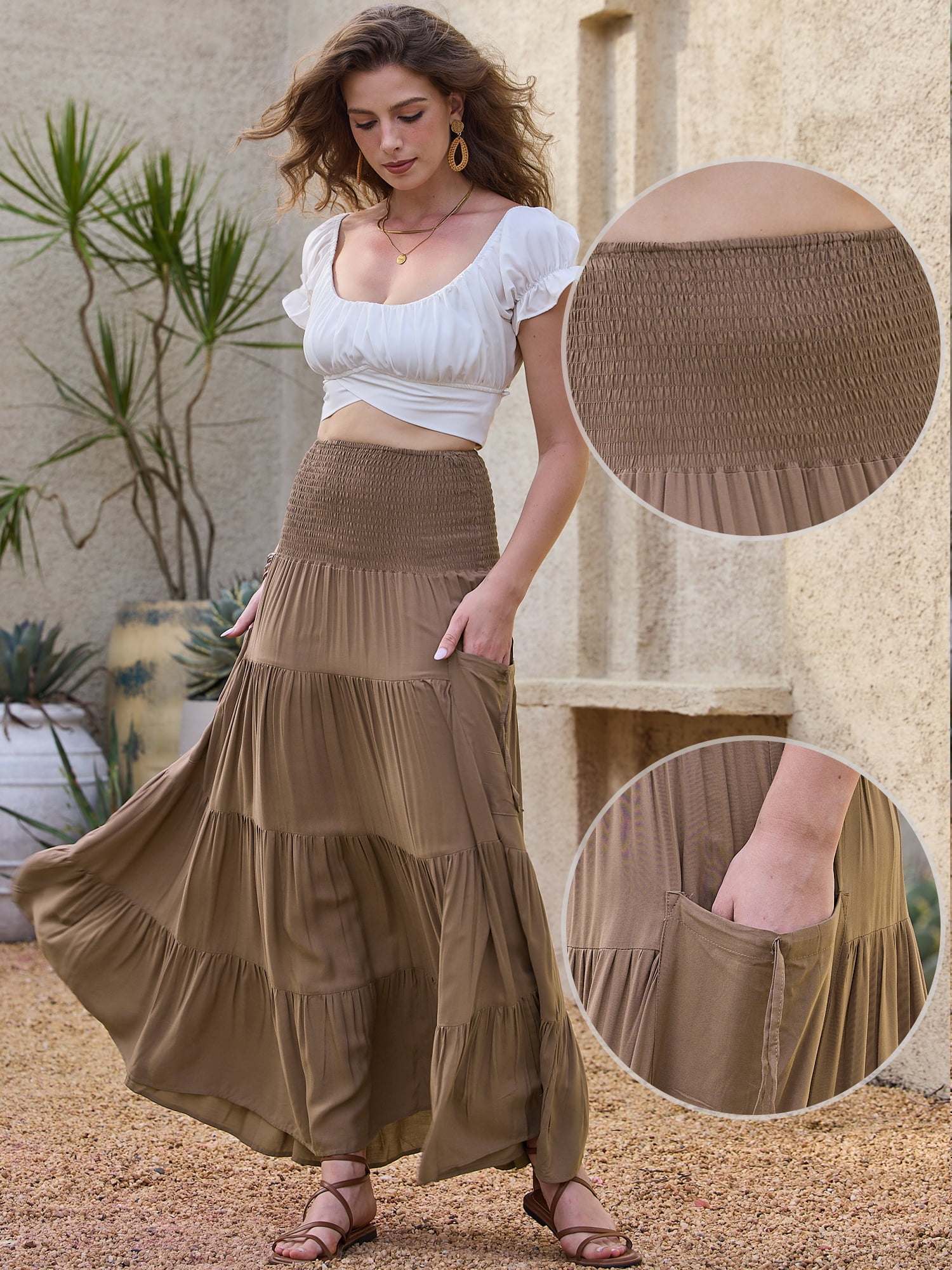 DARING DIVA Women's Elastic Swing A Line Beach Skirt Medium Khaki