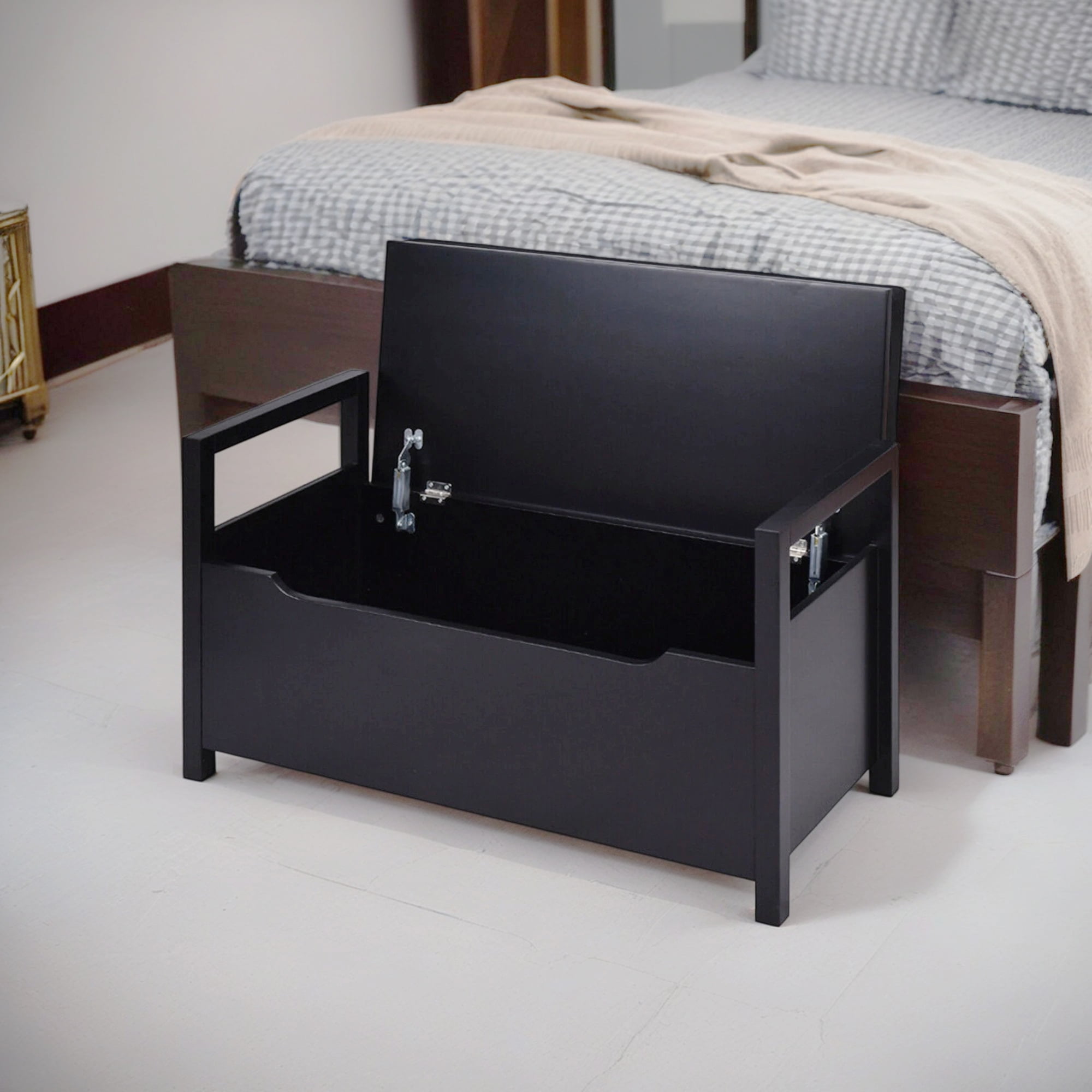 Demi Bonn 34" Storage Bench with Cushion, Lift-Top Toy Storage Organizer Trunk with 2 Safety Hinges, Wood Storage Box Chest for Bedroom, Entryway, Living Room, Black