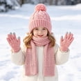thumbnail image 5 of 3 Pcs Kids Winter Hat Scarf Gloves Set Knit Pompom Beanie with Earmuffs Double Layer Scarf Touchscreen Gloves Toddler Thick Thermal Sets Pink 2-10 Years, 5 of 6