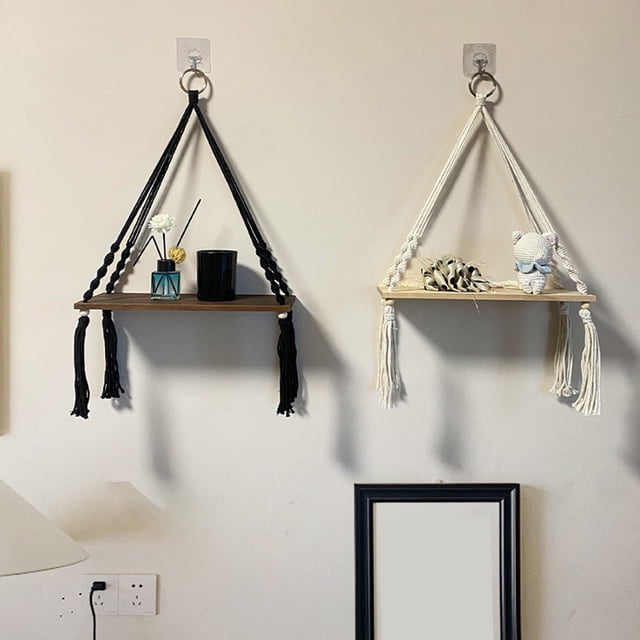 Estante para Macetas con Borlas, Estilo Pomicia, Tejido a Mano En Color Negro | Decoración Colgante para Sala de Estar | Madera con Hilo de Algodón | 60 X 35 X 18 Cm | 310 G | Fácil Instalación | Mul