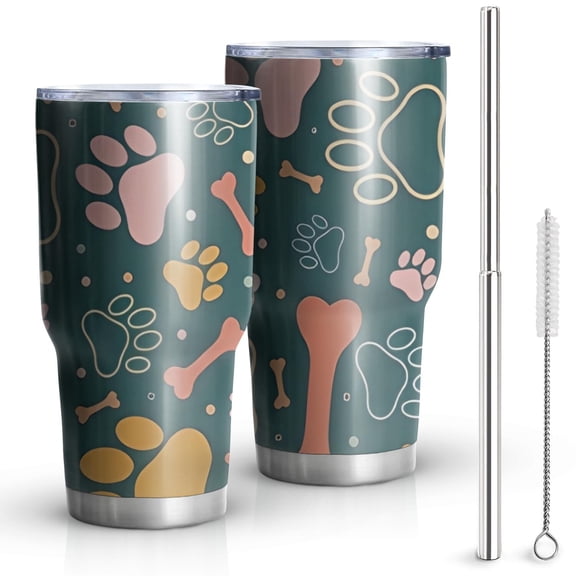 30oz Paw Prints and Bones Tumblers Stainless Steel Tumbler with Lid and Straw,Vacuum Insulated Double Wall Travel Tumbler Cups Mug with Cleaning Brush for Coffee,Tea