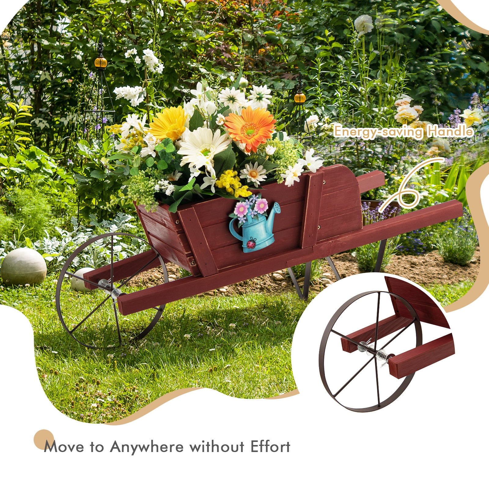 Topbuy Flower Pot Wheelbarrow Planter Solid Pine Wood Wagon Planter w/ Triangular Metal Support 2 Energy-saving Handles Movable Whee Red