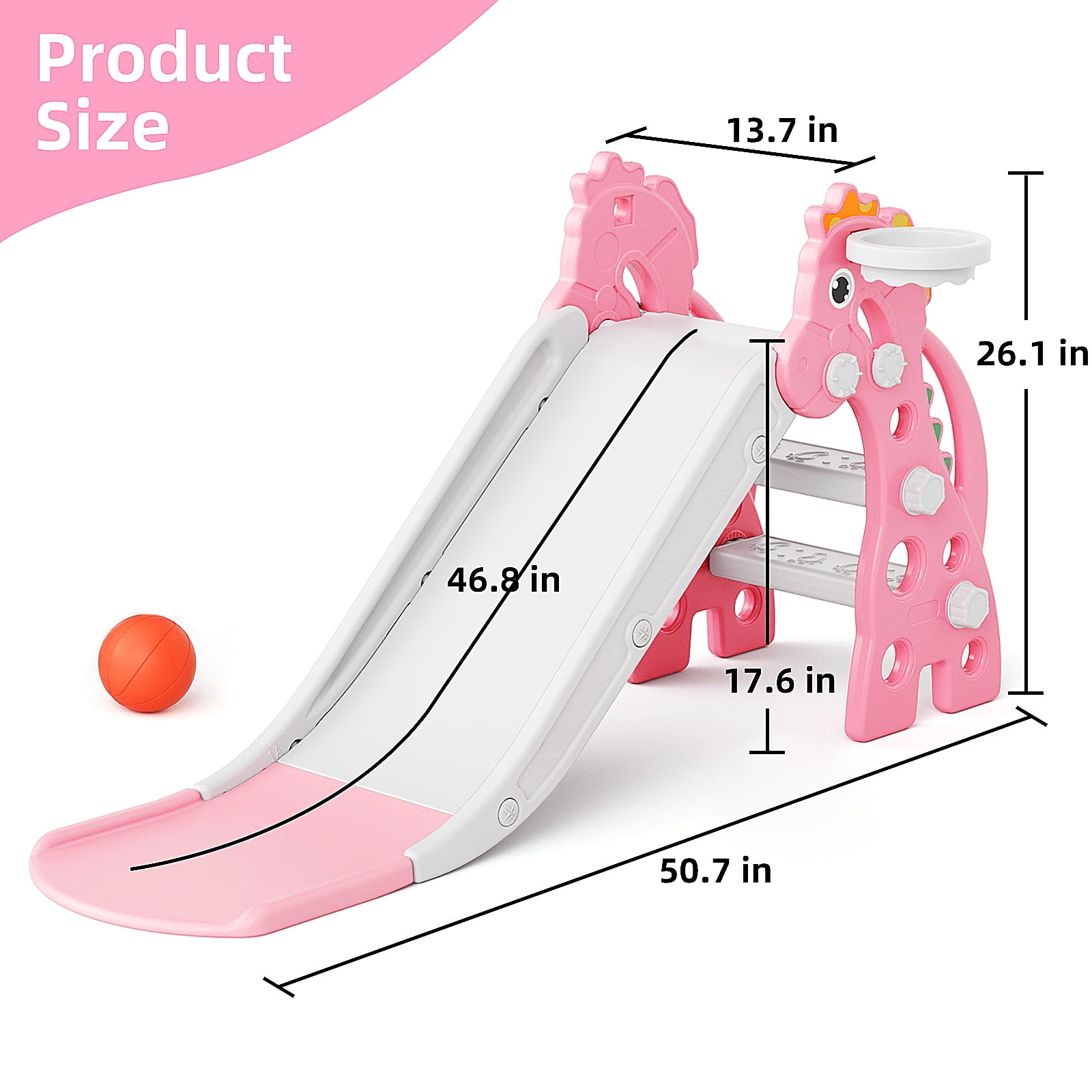 KORIMEFA Toddler Slide Indoor Slide for Toddlers Age 1-3 Kids Indoor Outdoor Slide Baby Plastic Play Slide with Basketball Hoop and Ball Foldable Slide, Pink