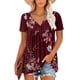 thumbnail image 1 of Camiseta floral con cuello en V y dobladillo con volantes para mujer, camisas cortas holgadas, blusa corta plisada, rojo vino M, 1 of 5
