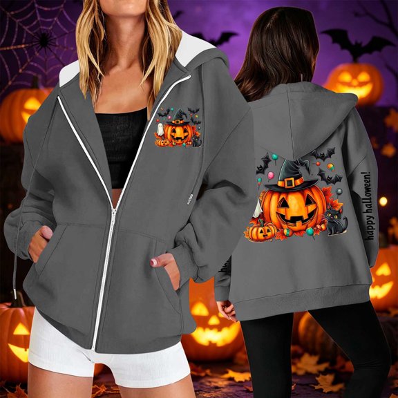 Halloween Jackets for Women Cute Pumpkin Printed Full Zipper Drawstring Hooded Fashion Spooky Festival Jacket with Pockets Gray XXXL