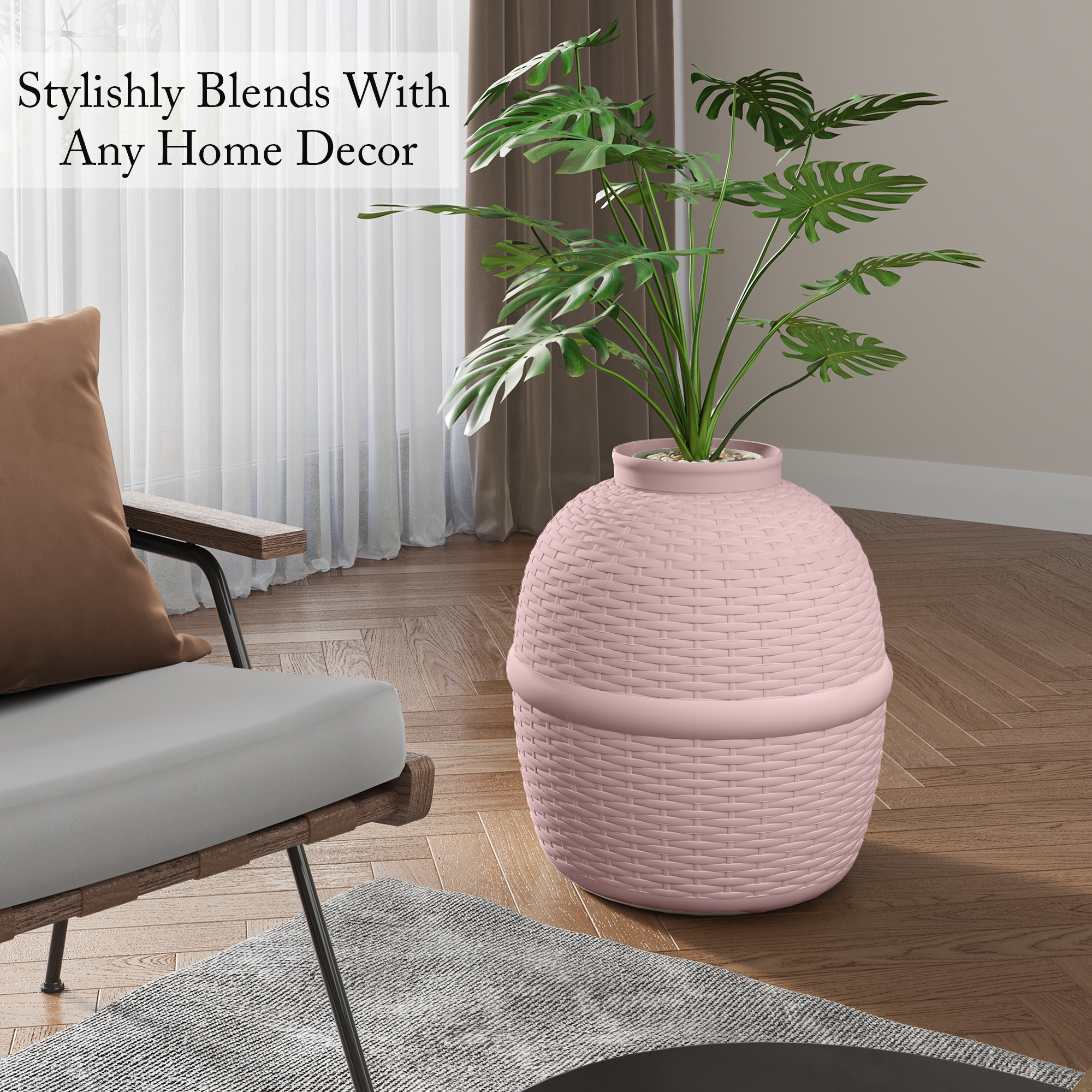 Superjoe Hidden Litter Box with Faux Plant, Large Cat Litter Box with Rattan Pattern, Heavy Duty PP Material Litter Box Enclosure Furniture for Home Decor,Pink