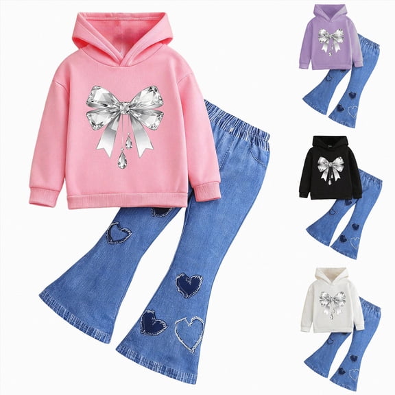 5-6 Years Toddler 3 8 Years Kids Toddler Girl Clothes Set Hooded Long Sleeve Sweatshirt And Bell Pants Set With Bow And Heart Pattern Black Girl Set