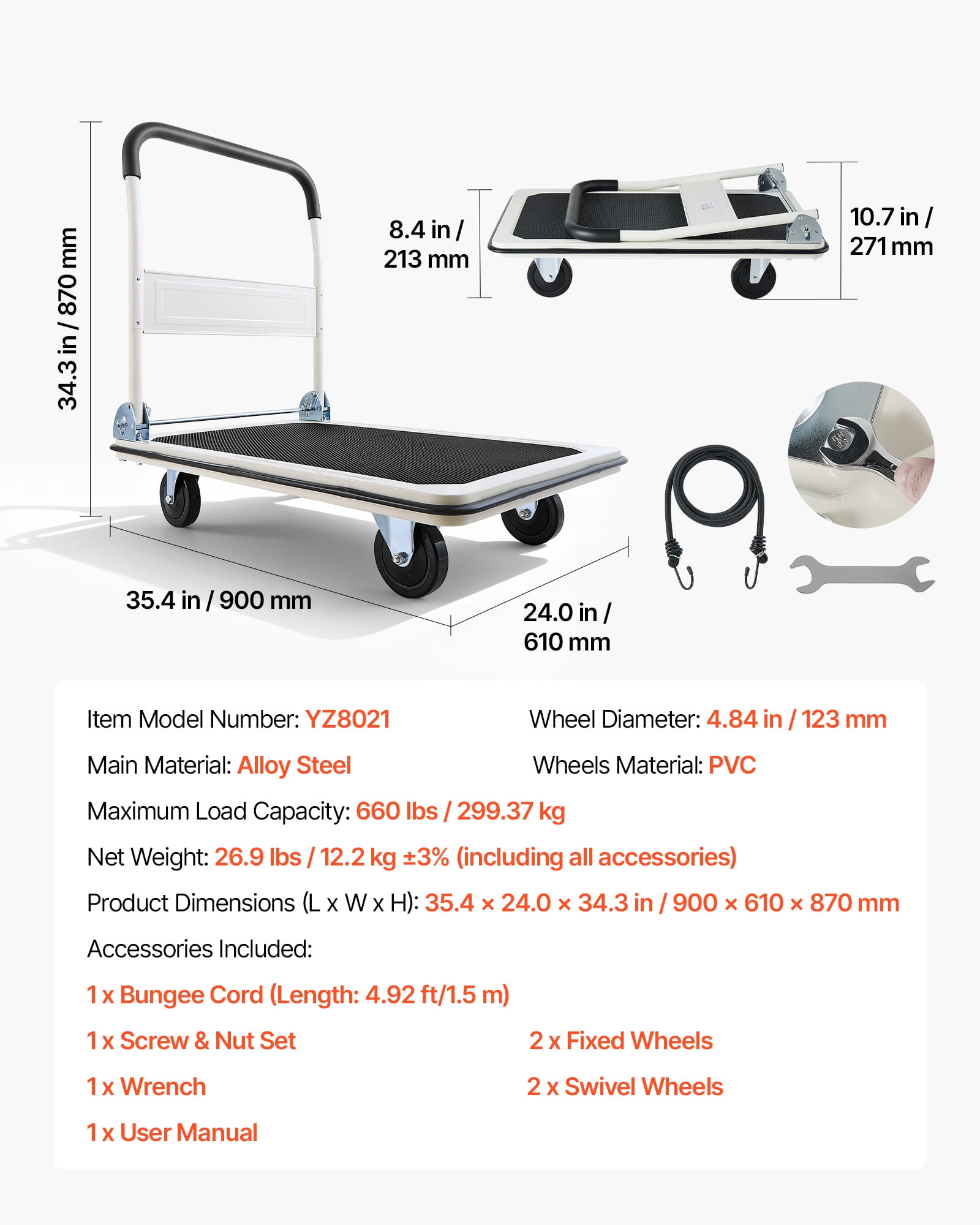 VEVOR Foldable Push Cart Dolly, 660 lbs Load Capacity, Folding Platform Truck with Swivel Wheels, Moving Platform Hand Truck Flatbed Cart, Space Saving Push Handle, 35.4 x 34.3 x 24 in