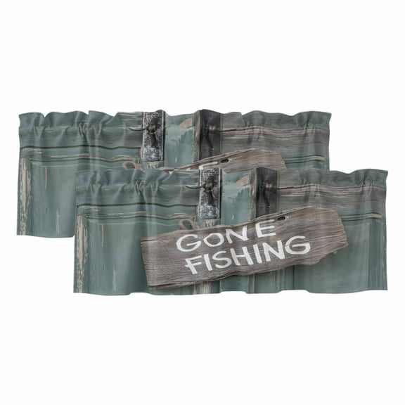 2 Pack GONE FISHING Valance for Window Bronze Wood Grain Vintage Farmhouse Kitchen Valance Rod Pocket Short Curtain Topper Decorative Window Treatment for Living Room Bedroom 54"x18"