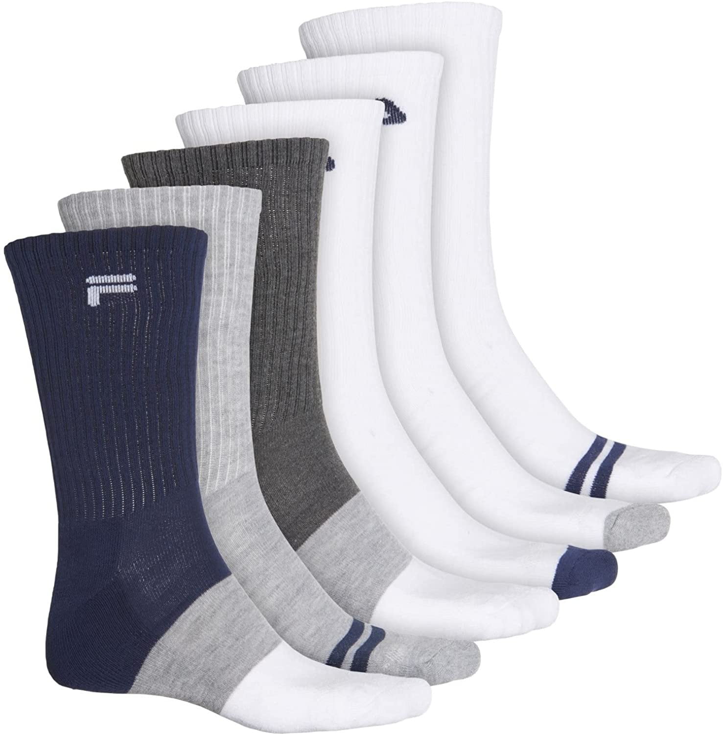 Fila Men's 6-Pack Color Block Stripes Half Cushion Crew Socks White