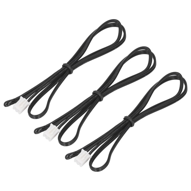 10K Temperature Sensor Probe by Fyydes, designed with a sensitive thermistor for precise temperature control. Constructed from PVC material, it is waterproof, rust-resistant, and ideal for use in air conditioners and refrigerators. The image displays three black probes with white connectors, neatly coiled for convenience.