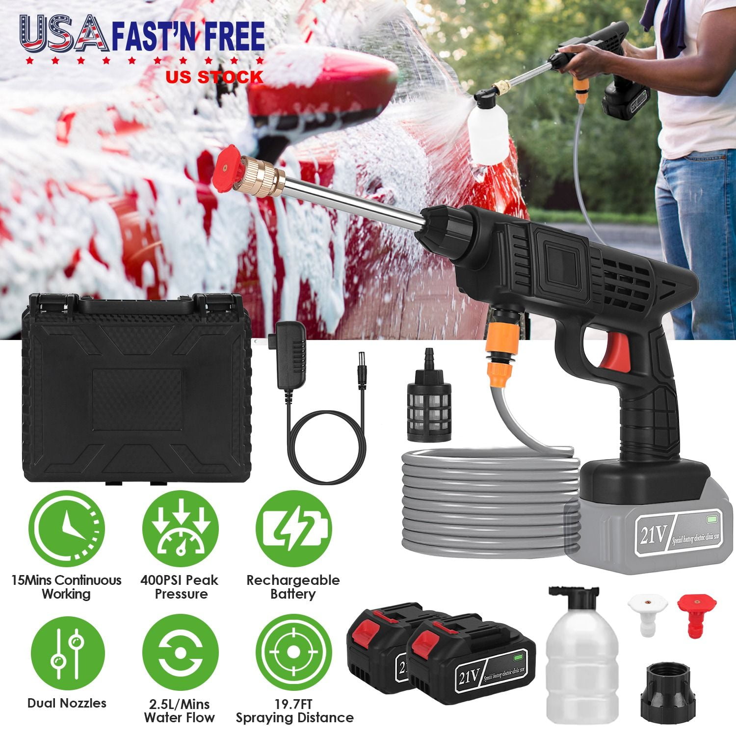 300W Cordless Handheld Pressure Washer, 400PSI Portable Rechargeable Power Washer with 0°/40° Nozzle Foam Bottle, 16.4ft Hose Filter Basket for Car Garden Stair Pool Cleaning