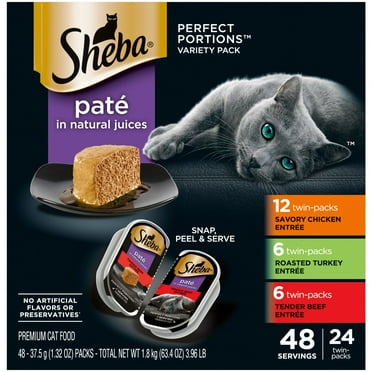 Sheba Wet Cat Food Pate Variety Pack, Savory Chicken, Roasted Turkey, and Tender Beef Entrees, (24) 2.6 oz. Perfect Portions Twin Pack Trays