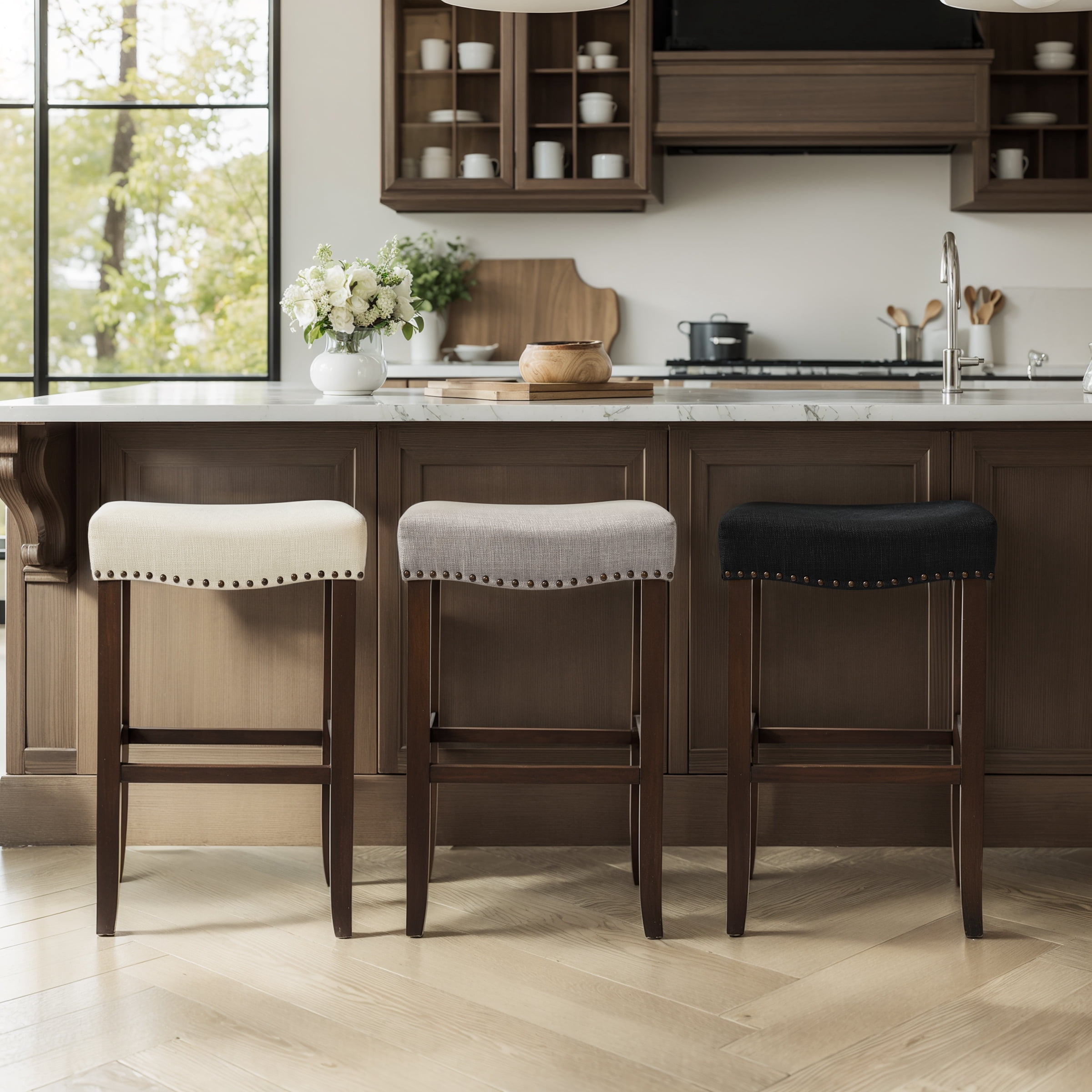 Subrtex 29" Backless Bar Stool, Wood Upholstered Counter Stool for Kitchen, 4PC, Gray
