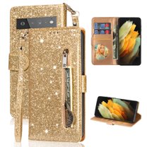 Feishell Compatible with Google Pixel 7 Wallet Case,Glitter Sparkly Bling PU Leather Zipper Pocket with Credit Card Holder Slots Shockproof Magnetic Clasp Folio Flip Stand Phone Case,Gold