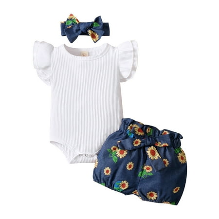 

Baby Girls Romper Bodysuit+Sunflower Print Denim Shorts Headbands Outfits For 9-12 Months