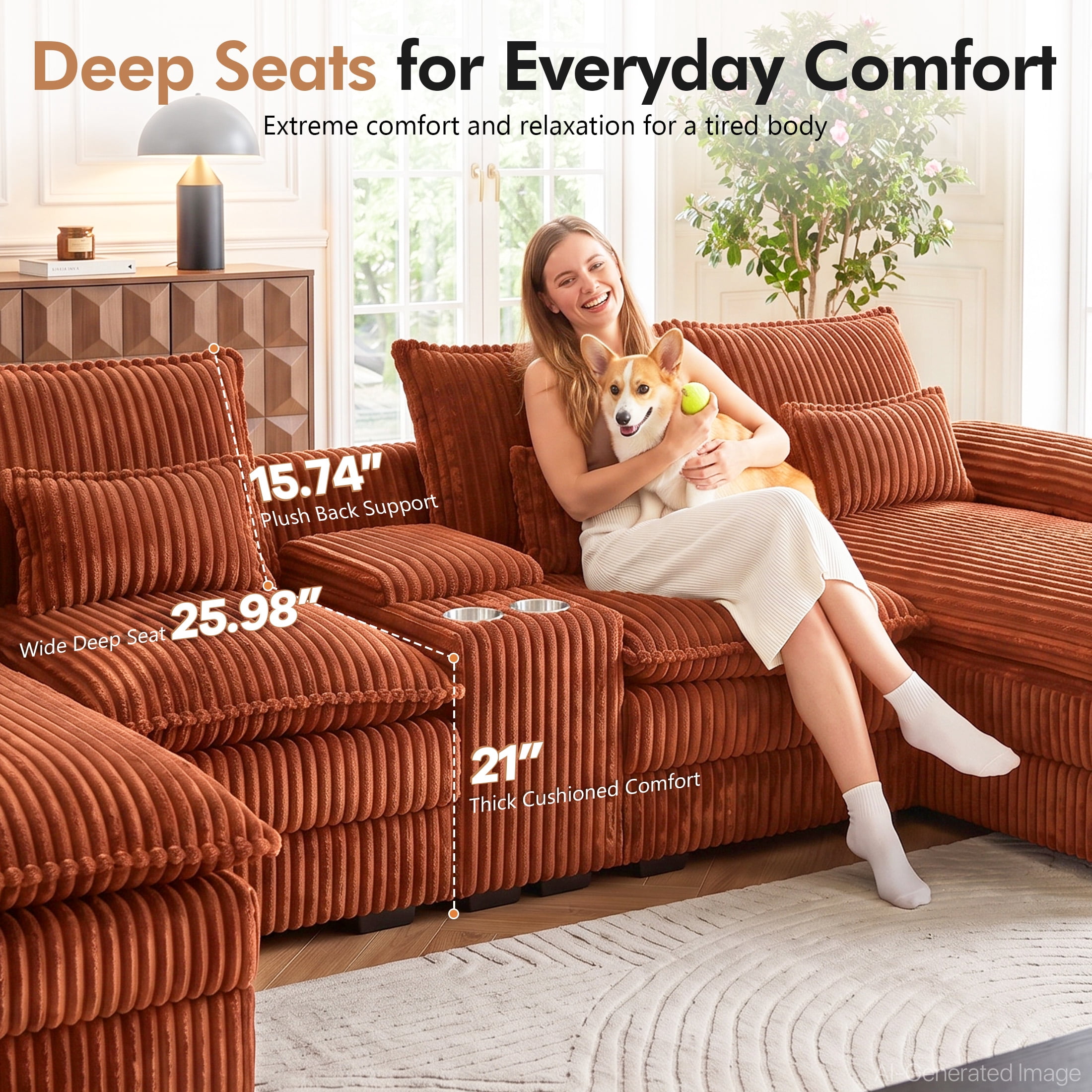 Aenkyo 125 Inch Chenille U-Shaped Sectional Sofa with Console and USB Ports, Orange