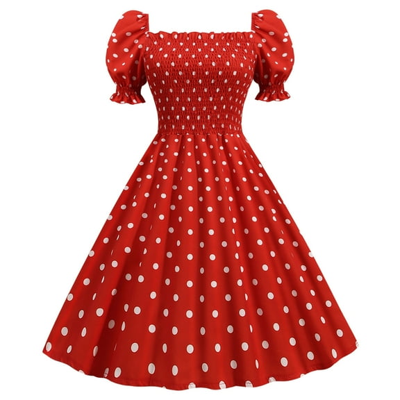 Fesfesfes Women Gowns A Line Flare Vintage Dress Prom Swing Short Sleeve Polka Dot Printing Party Dress