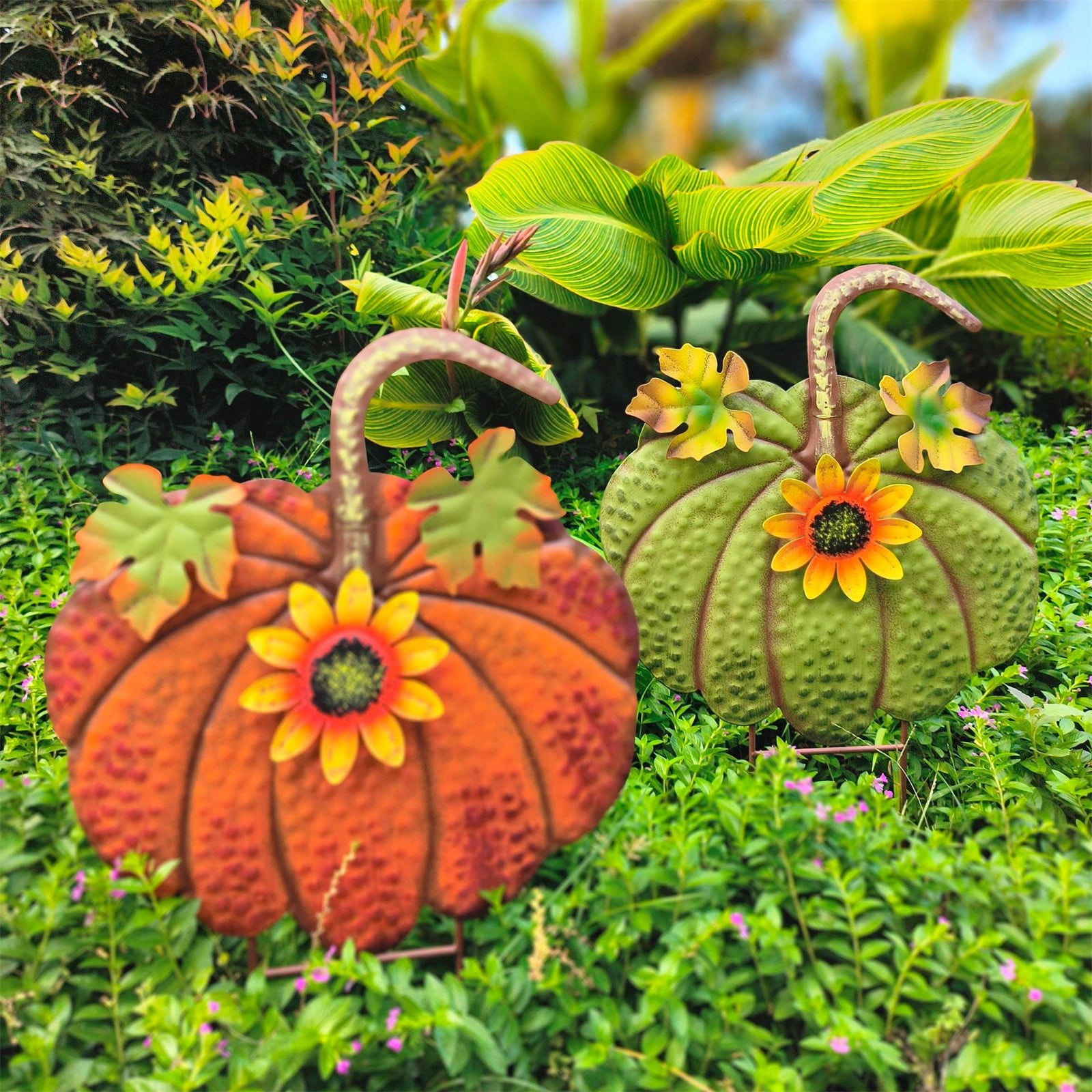 ZLBDYG Rustic Metal Pumpkin Hanging Decoration & Stake Garden Outdoor Decor - Fall Thanksgiving Yard Sign with Green Stem for Lawn Pathway Porch Autumn Festival Seasonal Decoration