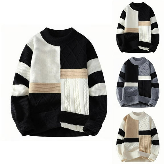 FRSASU Mens Patchwork Sweater Colorblock Knit Vintage Cable Knitted Pullover Round Neck Sweater White