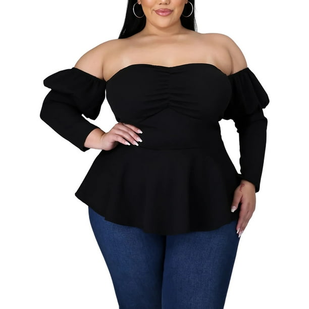 konsonant Mob Fremmedgørelse Sexy Dance Women's Plus Size Long Sleeve Off the Shoulder Tops with Ruffles  Solid Color Casual Slim Fit T-Shirt Party Summer Blouse - Walmart.com