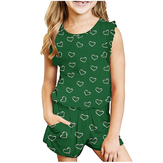 IFNWSV Ensembles d'Été pour Filles Mode Décontractée Sans Manches Col Rond Imprimé Shorts Ensembles 3-4 Ans
