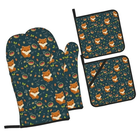 

Honeii Cute plant fox Pattern Oven Mitts and Pot Holders Silicone Oven Gloves 500 F Heat Resistant Oven Mitts Sets 4PCS