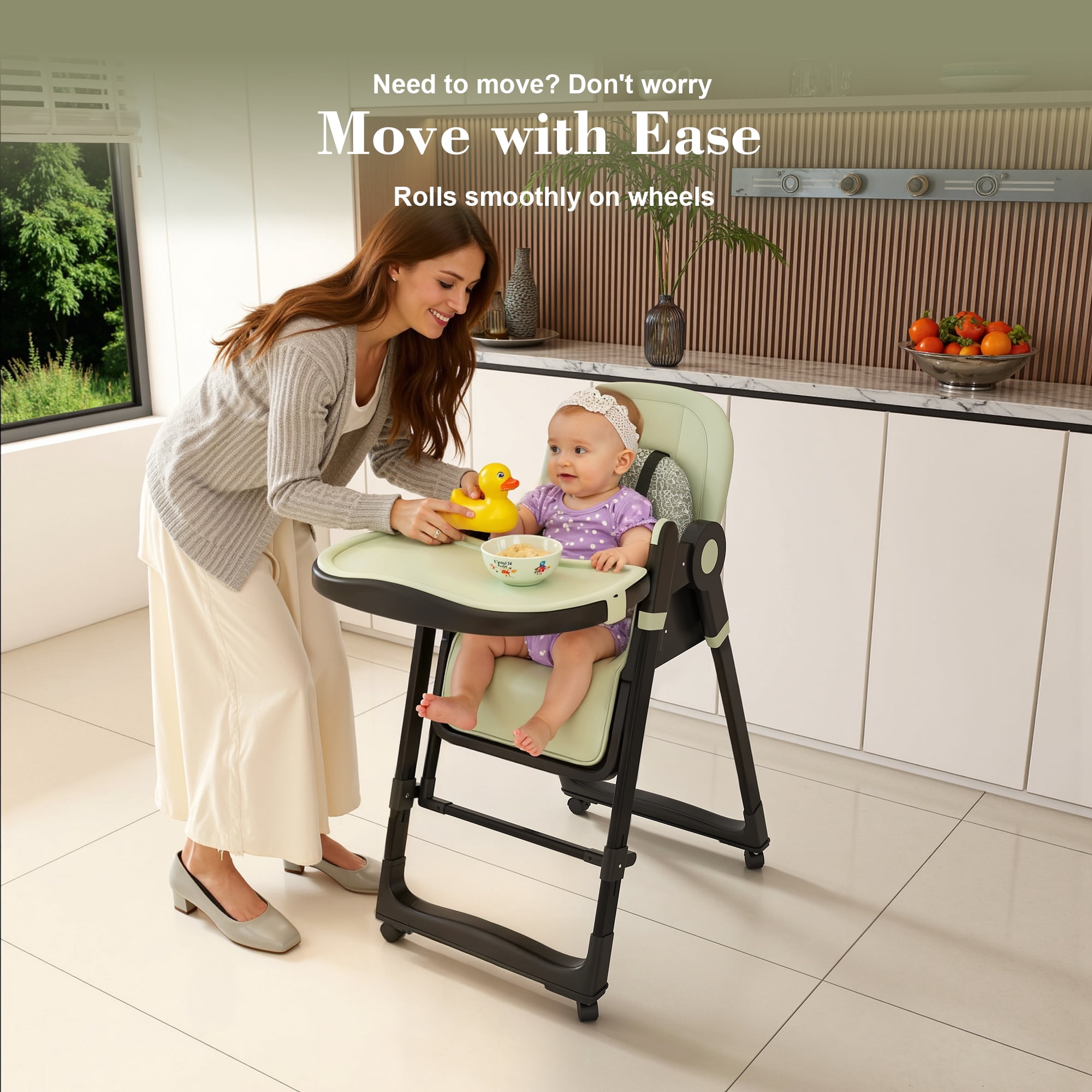 2-in-1 Convertible High Chair Baby Rocker, Foldable Infant Feeding Chair with 5-Point Harness, Lockable Silent Wheels & Detachable 2-Tier Tray for 6 Months–3 Years