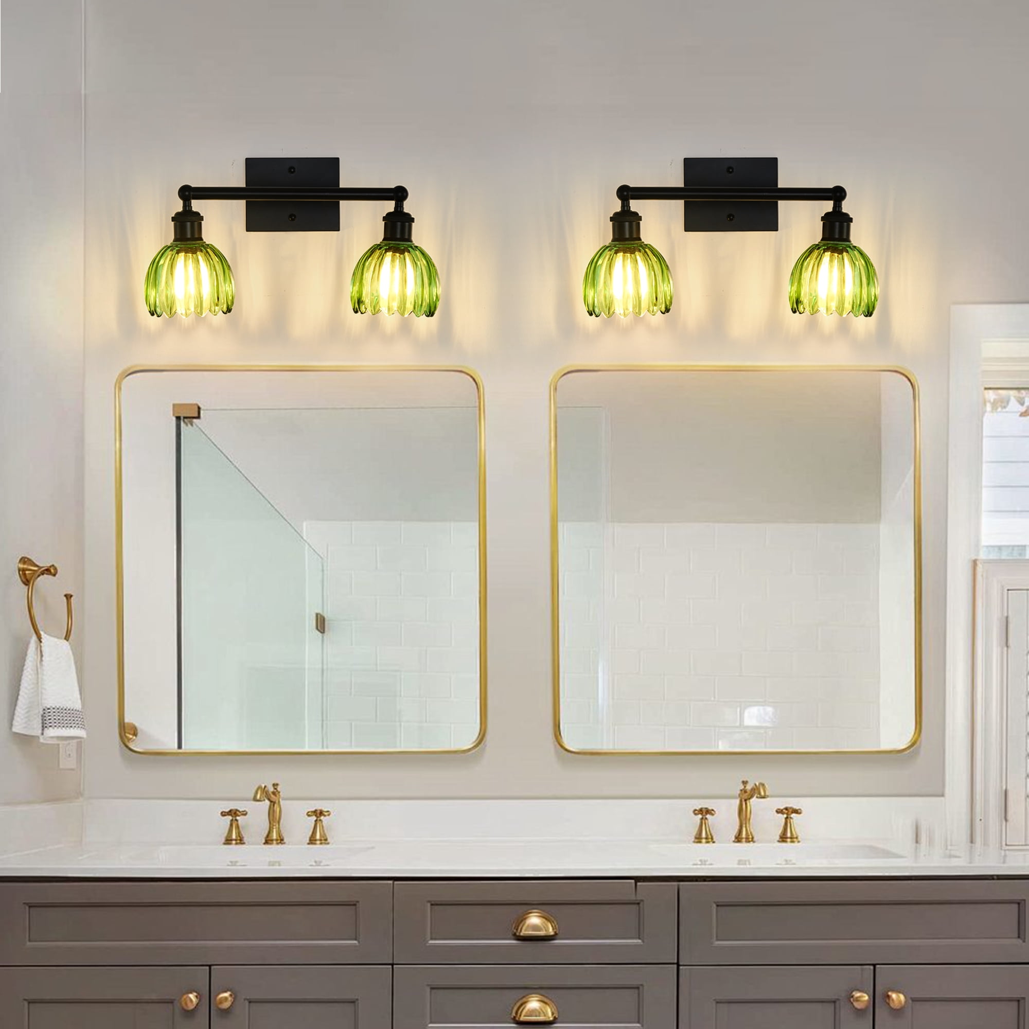 HKMGT 2-Light Black Vanity Light with Green Ribbed Glass,, Reversible Mounting, E26 Base Wall Sconce for Bathroom & Hallway