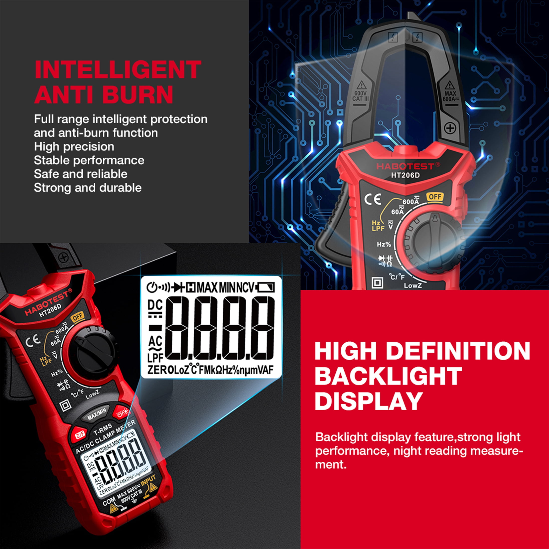 HABOTEST HT206A Clamp Meter Multimeter Automatic High Precision Digital Ammeter Clamp Meter for Measuring Voltage, Current, NCV Clamp Multimeter