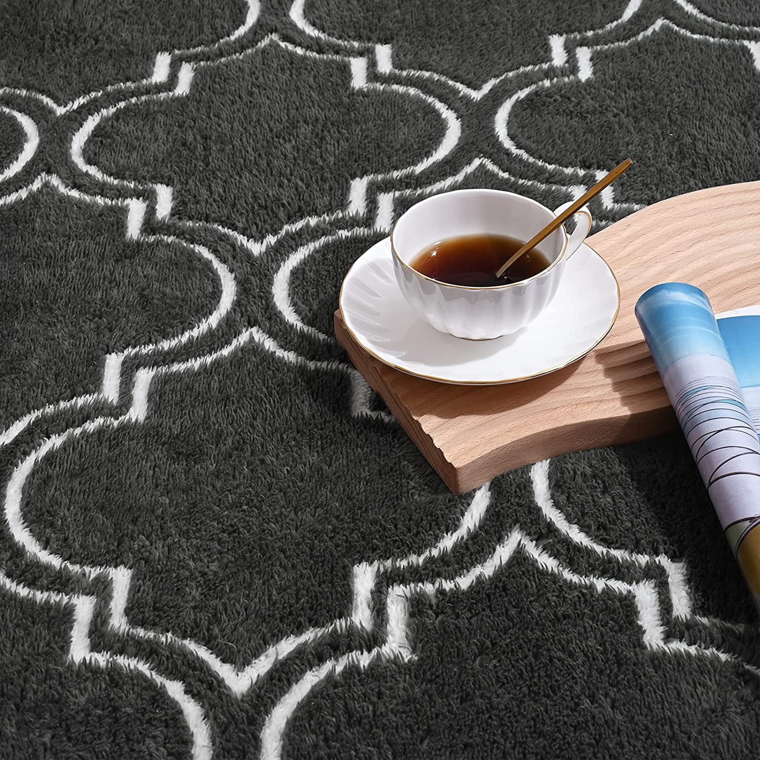 Lochas Fluffy Shaggy Rug Moroccan Geometric Soft Modern Area Rug for Living Room Home Decor Low Pile Carpet,Dark Grey,6x9 Feet