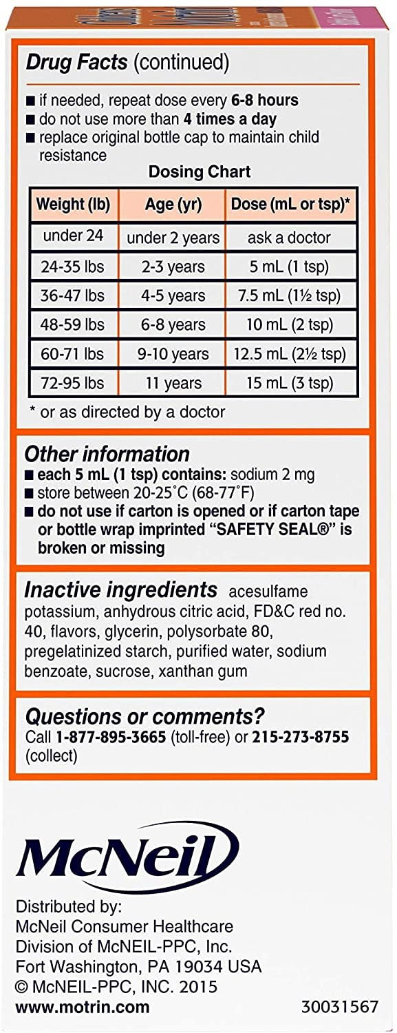 Motrin Children's Pain Reliever/Fever Reducer Liquid, Bubble Gum, 4 Fl Oz
