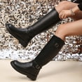 thumbnail image 2 of I-550 Black Womens Fashionable Casual Winter Knee High Boots Round Toe Rear Zipper Low Heel Belt Buckle, 2 of 9