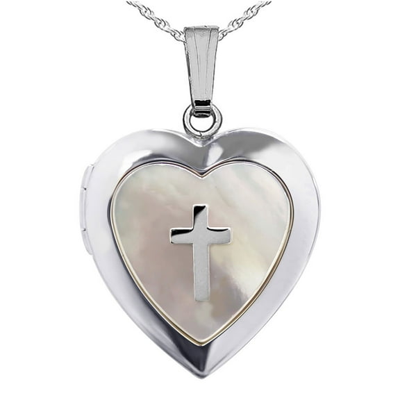 Sterling Silver Mother Of Pearl Cross Heart Photo Locket
