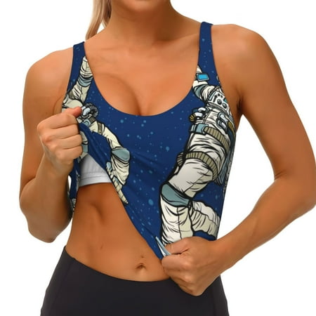 Qokaie Disco party Astronaut Dancing Pattern Womens Scoop Neck Sports Bra Breathable Workout Vest Padded U Back Medium Impact Fitness Gym Yoga Bra Workout Crop Top