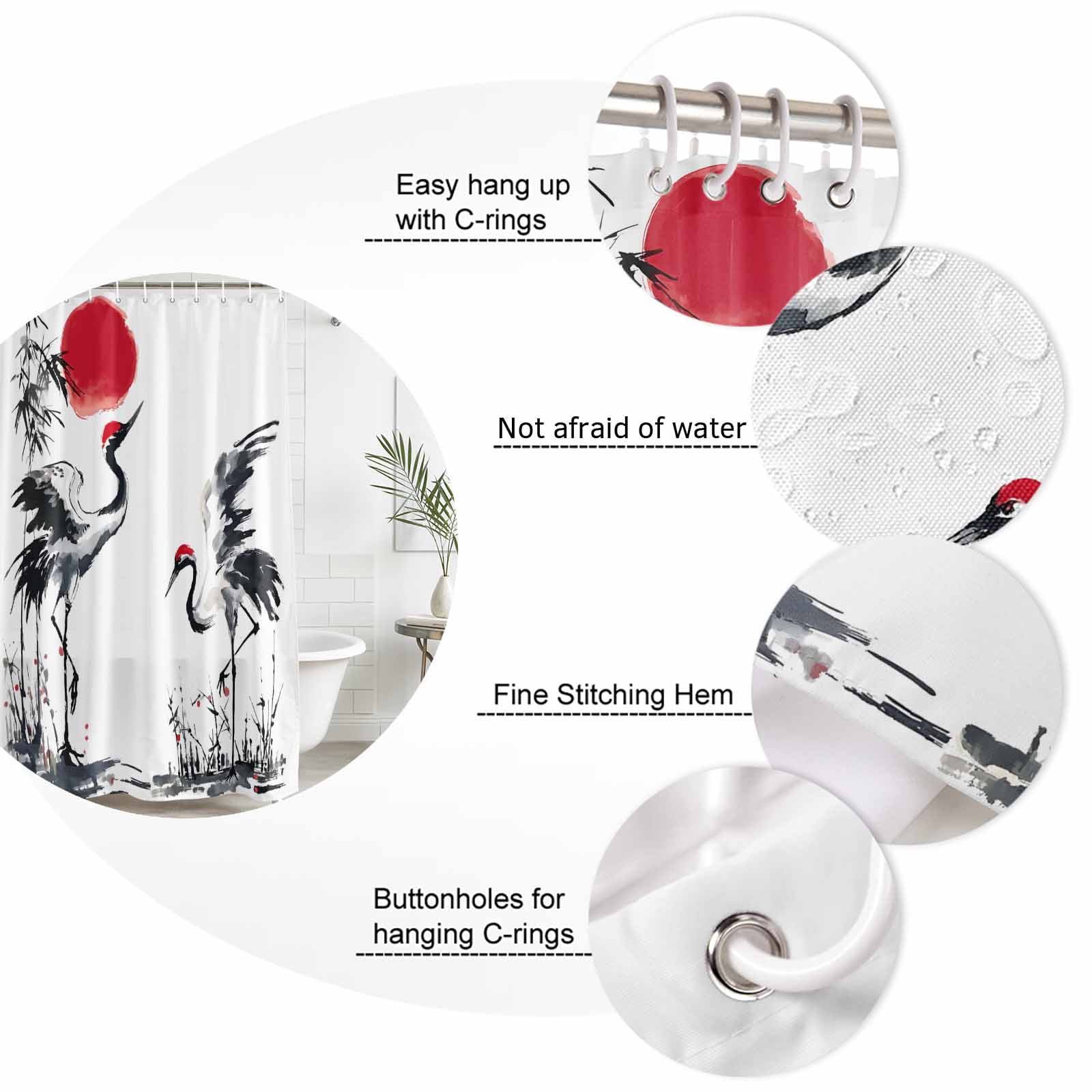 Small Stall Shower Curtain 36x72 Inch Narrow Half Size Crane Bath Curtains Bathroom Decor, Black White Ink Wash Red Moon Botanical Waterproof Fabric Shower Curtain Set with Hooks 36 Inch