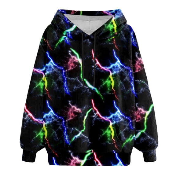 Bibifish Womens Neon Lightning Print Hoodies Drawstring Hood With Pocket Relaxed Fit Casual Festivals Outdoor Night Events Bold Stylish Pullover Tops