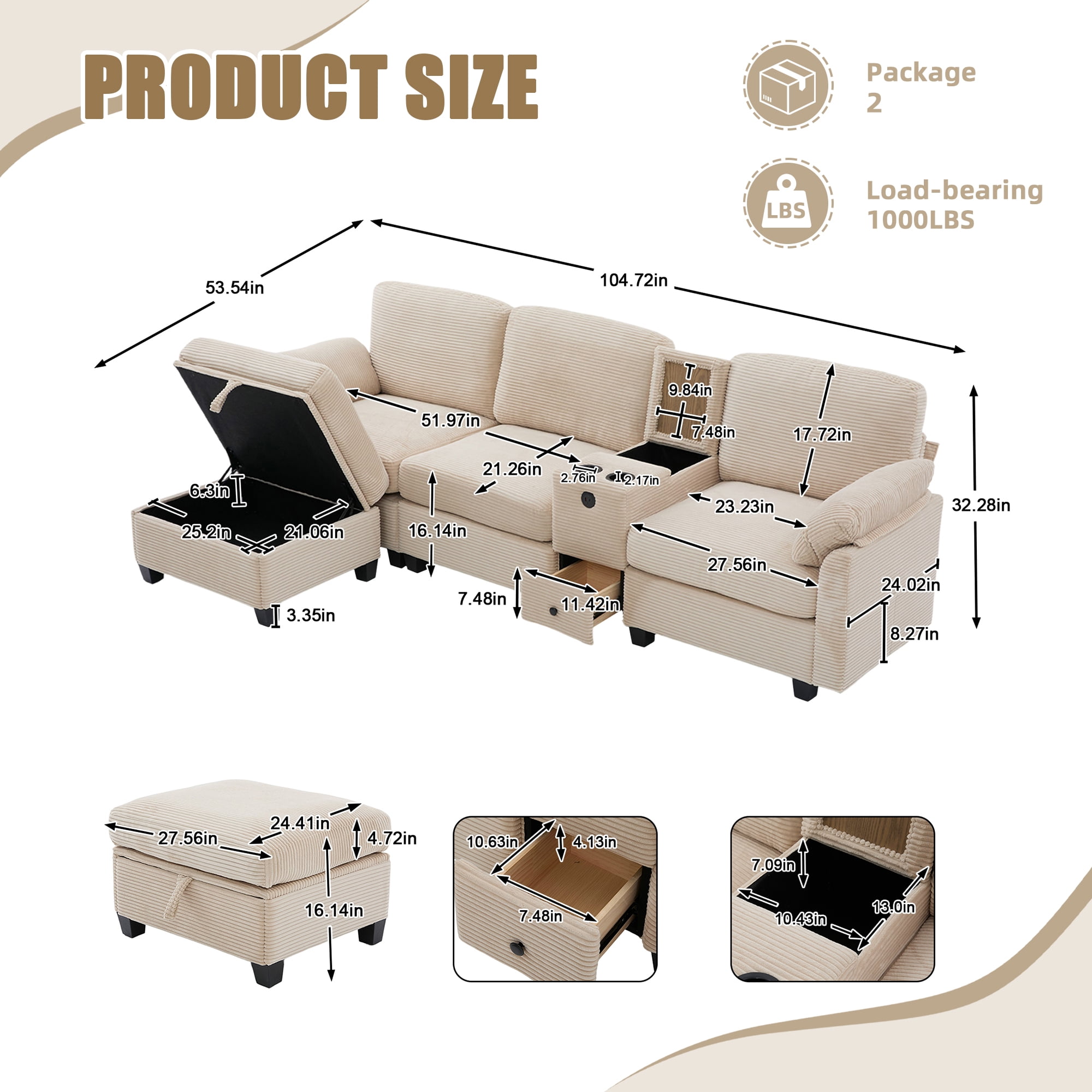 MOONMISS Corduroy Upholstered L-Shaped 4-seater Storage Multifunctional Sectional Sofa with Storage Ottoman-Khaki