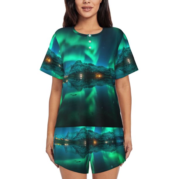 Balery Northern Lights Conjunto de Pijama para Mujer con Estampado, Dos Piezas de Manga Corta y Shorts, Ropa de Dormir Suave con Cuello Redondo y Bolsillos-Large