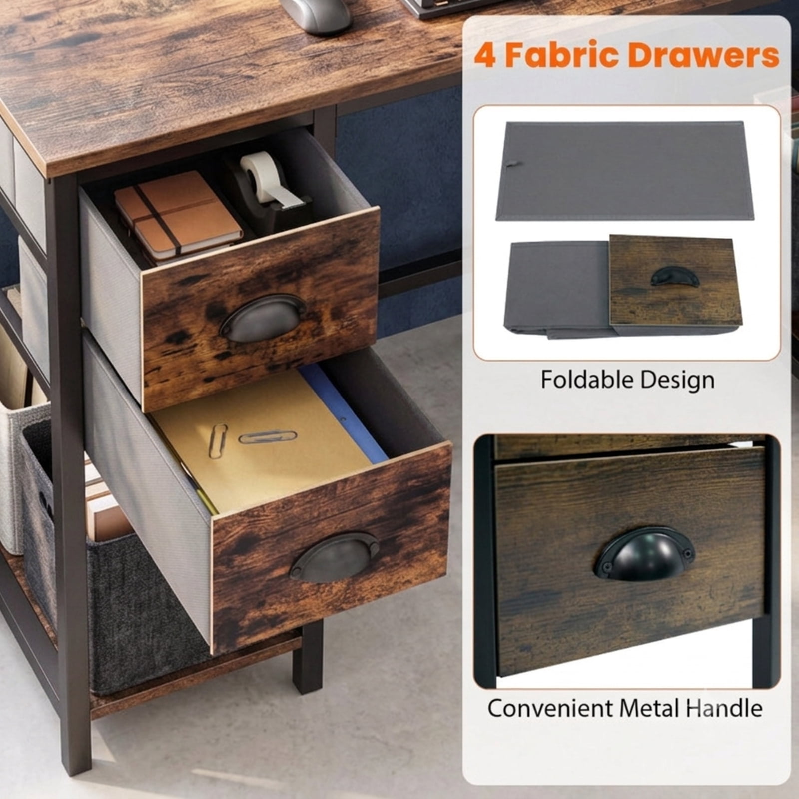 Furnibear 48 Inch Computer Desk with Power Outlet and 4 Fabric Drawers, Home Office Desk with Headphone Hook and Metal Frame for Study, Brown