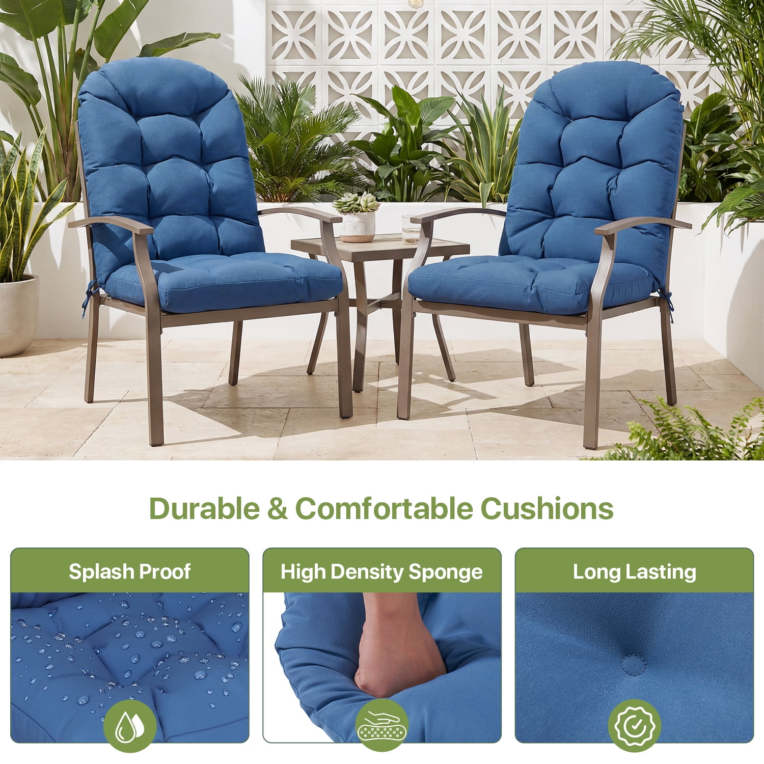 BaPiPro High Back Outdoor Chair Cushions Navy Blue Set of 2 Water-Resistant Polyester with Ties No Assembly Patio Poolside