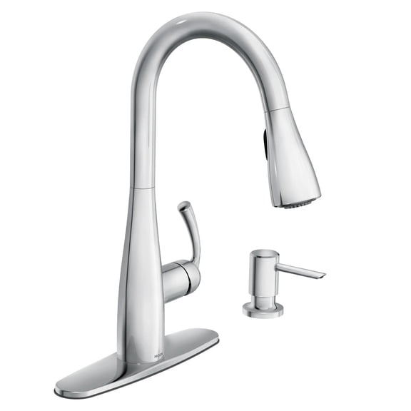 Moen Essie Chrome Single Handle Pull-Down Sprayer Kitchen Faucet with Soap Dispenser, Reflex and Power Clean Technology